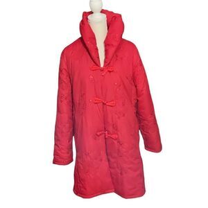Hwei Na Si Vintage Red Silk Puffer Coat Embroidered Sequin Frog Closures XXXL